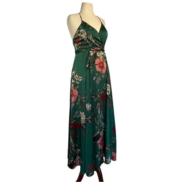 Lulus Still the One Emerald Green Floral Print Satin Maxi Dress | Size Large - Picture 7 of 8